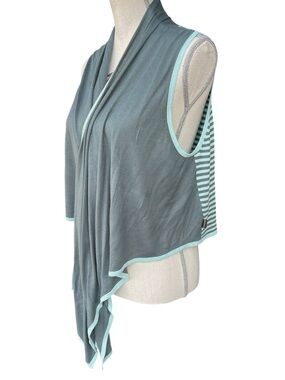 Anna Scott Dark Teal/Aqua Trim Stripe Dahlia Waistcoat Draped Sleeveless Top (L)